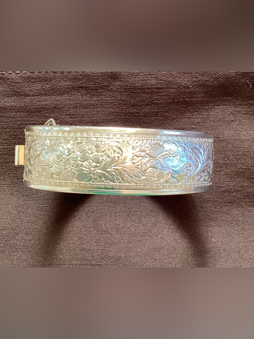 Vintage 50s-70s Victorian Revival Floral Embossed Hinged Cuff Bracelet 2 1/2”